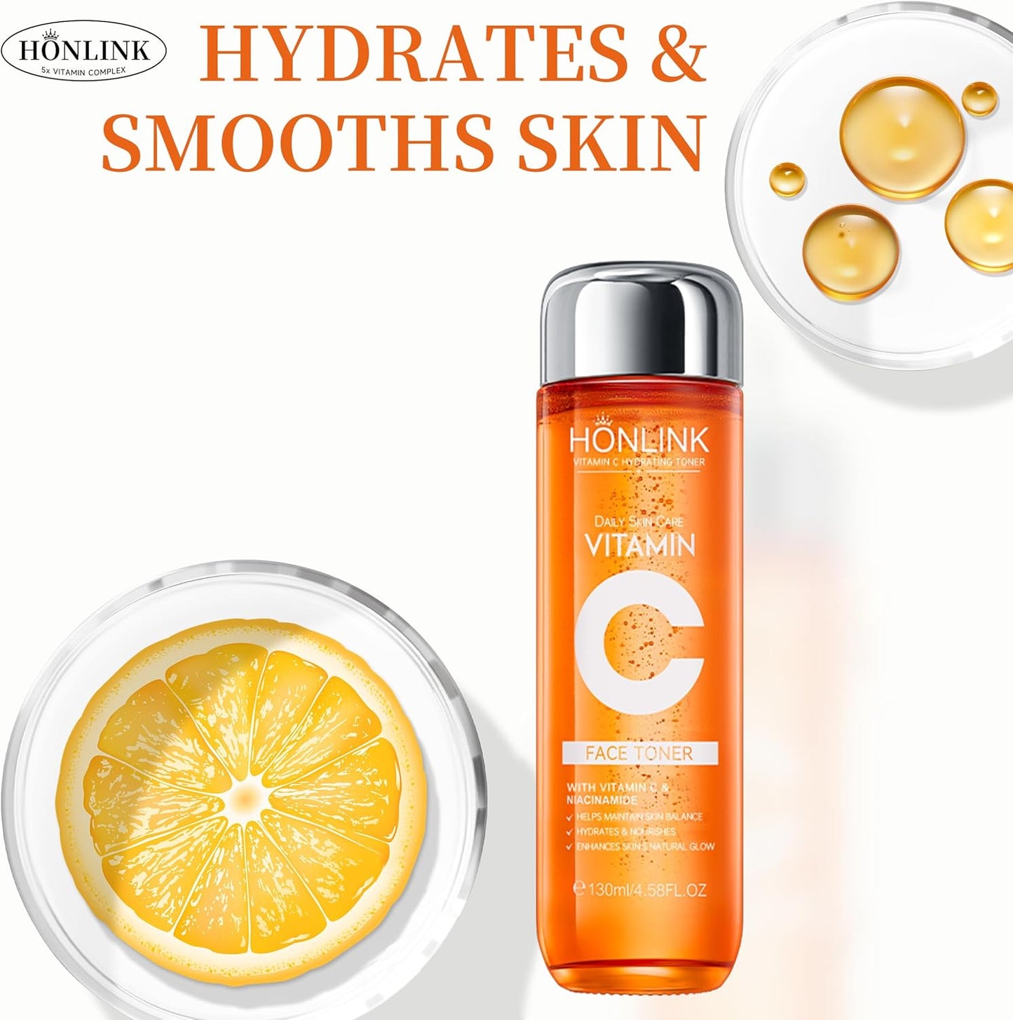 5X Vitamin C Toner HONLINK Facial Care Toner, Hyaluronic Acid Hydrating Facial Treatment for Even Skin Korean Tone, Safe Glowing Skin 130ml,K-Beauty,Tk Popular Skin Care Products, Women Gift