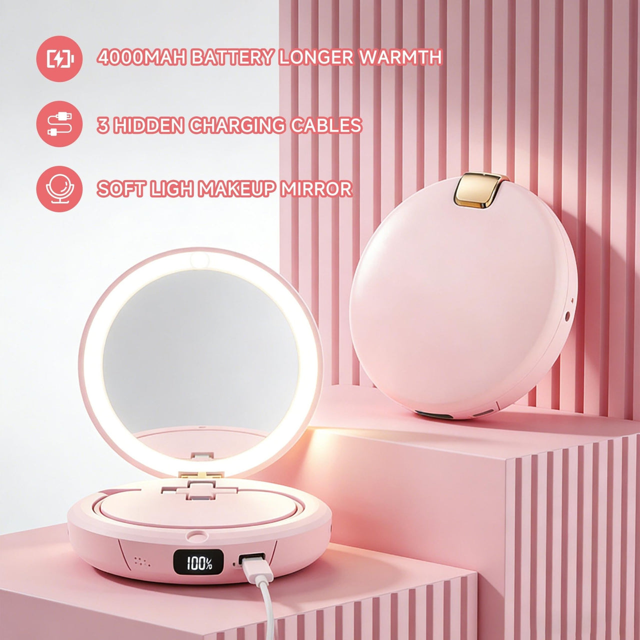 3 - in - 1 LED Makeup Mirror & Cute Hand Warmer with Power Bank 4000mAh - Perfect Gift - HONLINK