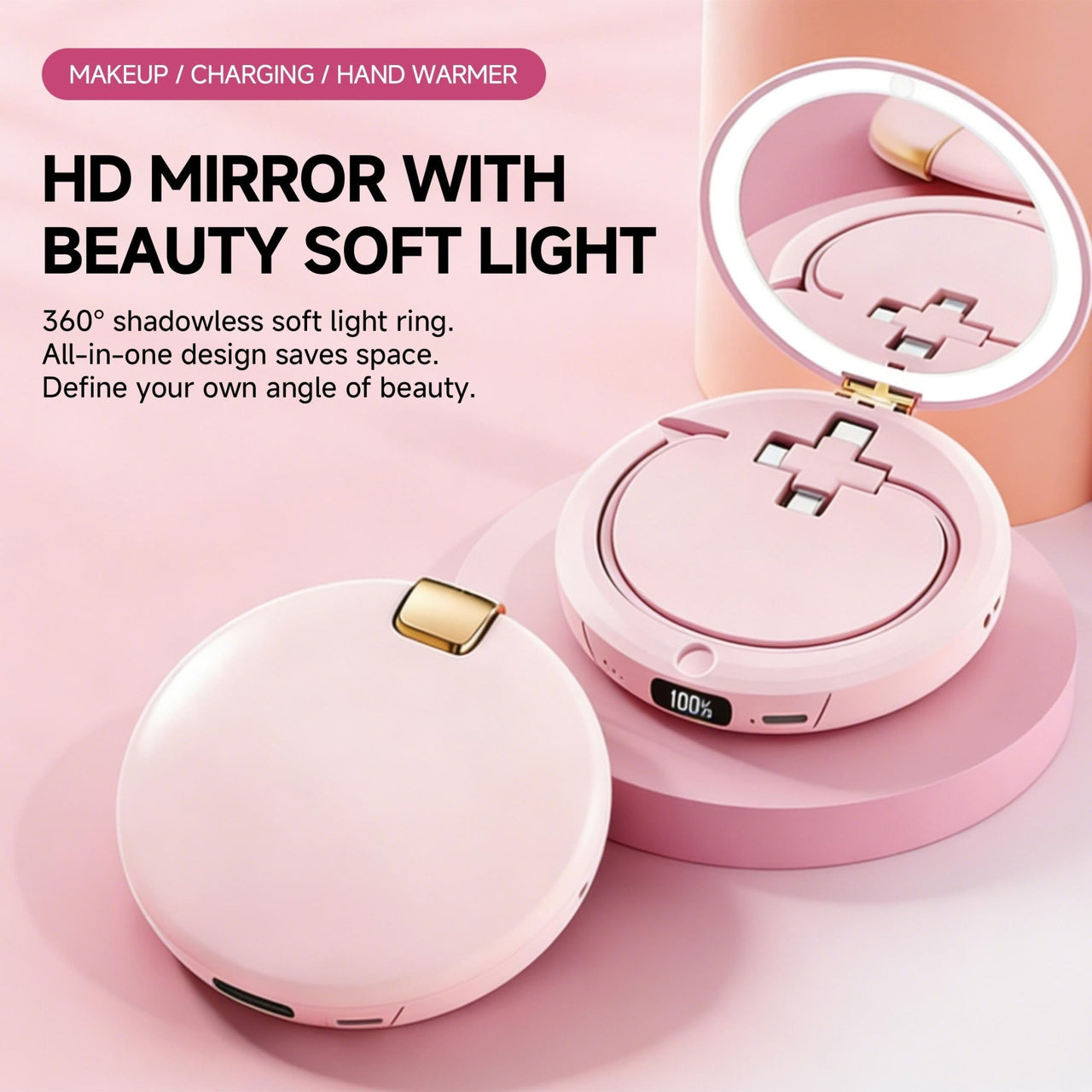 3 - in - 1 LED Makeup Mirror & Cute Hand Warmer with Power Bank 4000mAh - Perfect Gift - HONLINK