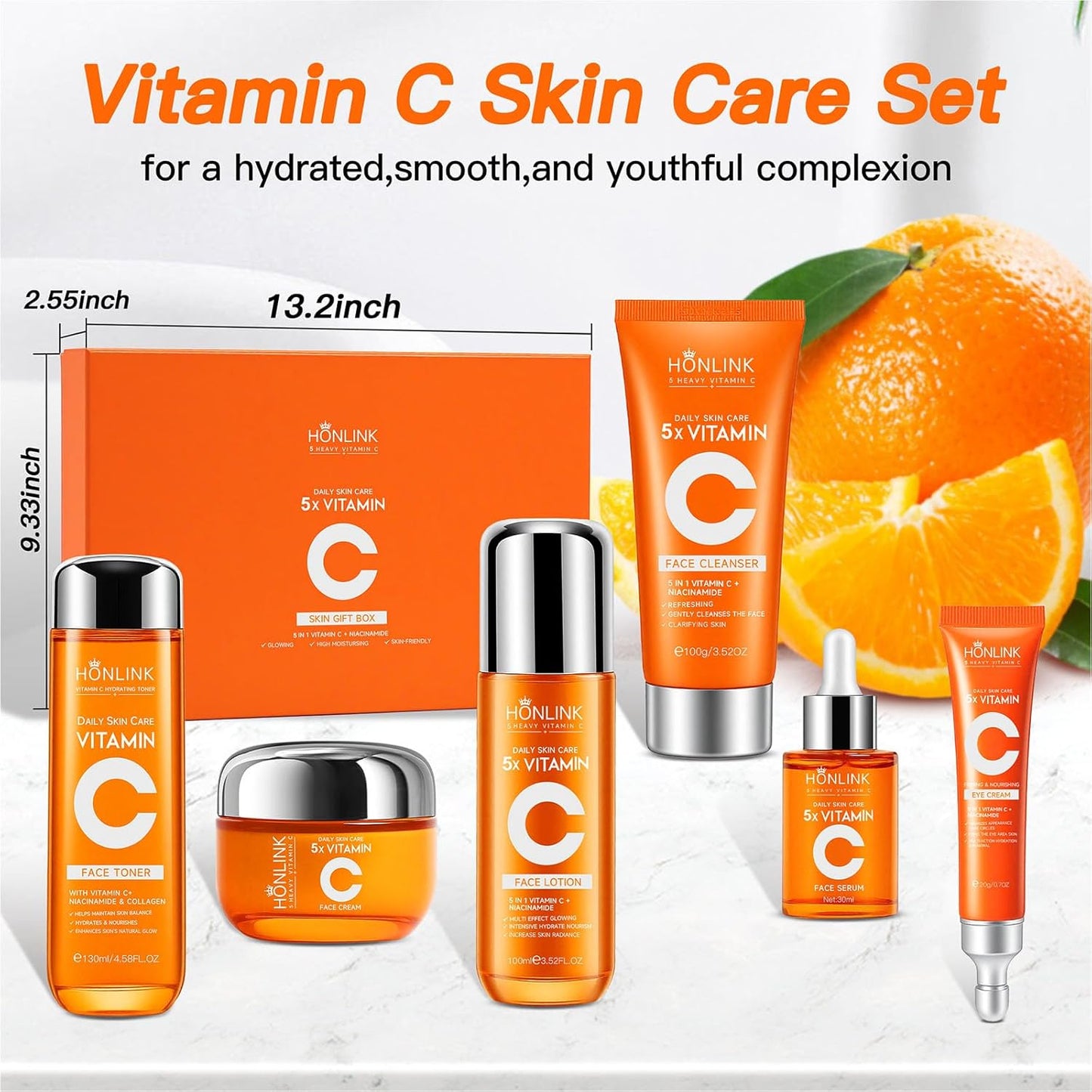 6-Piece Hydrating Skincare Set with Vitamin C & Niacinamide,HONKLINK Face Care Kit Includes Toner, Faical Serum,Cleanser,Moisturizer, Eye Cream & Body Lotion | Unique Gift for Women