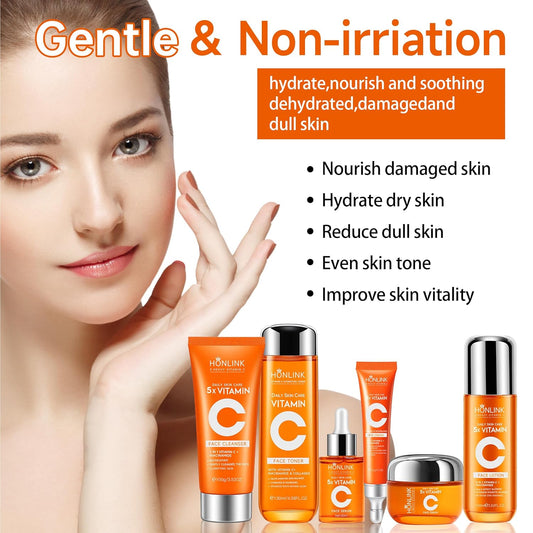 6-Piece Hydrating Skincare Set with Vitamin C & Niacinamide,HONKLINK Face Care Kit Includes Toner, Faical Serum,Cleanser,Moisturizer, Eye Cream & Body Lotion | Unique Gift for Women