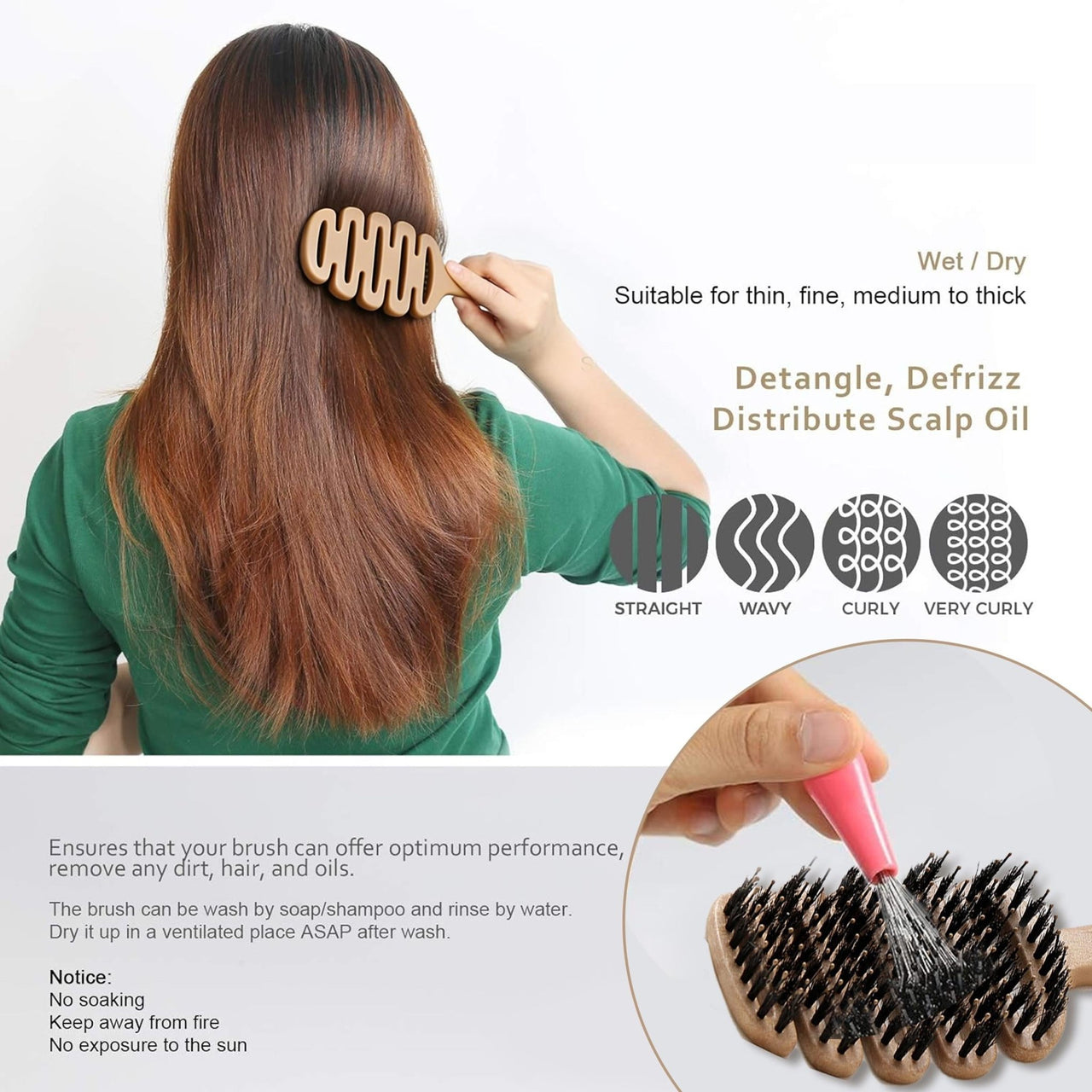 Hair Brush - Boar Bristle Paddle Hairbrush for All Hair Type