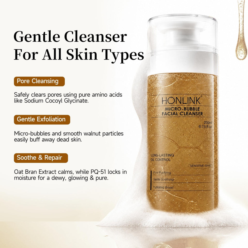 HONLINK Micro-Bubble Face Cleanser with Walnut Shell Powder + Oat Extract | Gentle Exfoliating Foam for Blackheads & Smooth Skin - HONLINK