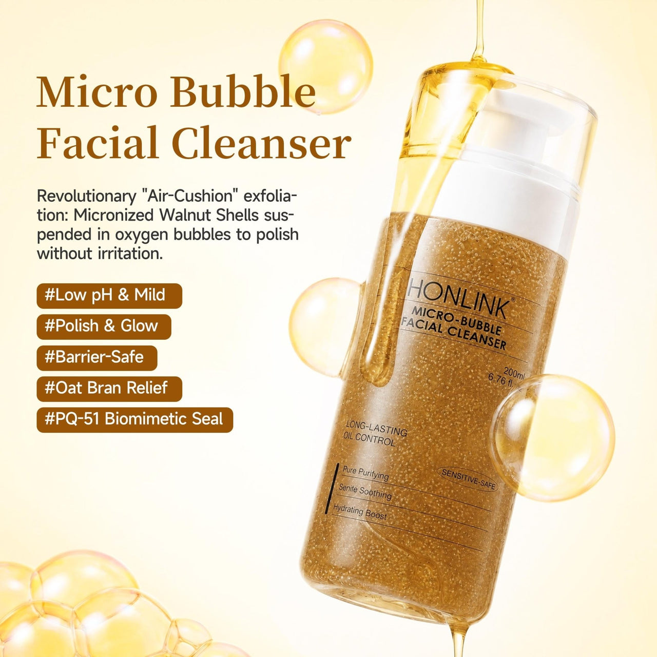 HONLINK Micro-Bubble Face Cleanser with Walnut Shell Powder + Oat Extract | Gentle Exfoliating Foam for Blackheads & Smooth Skin - HONLINK