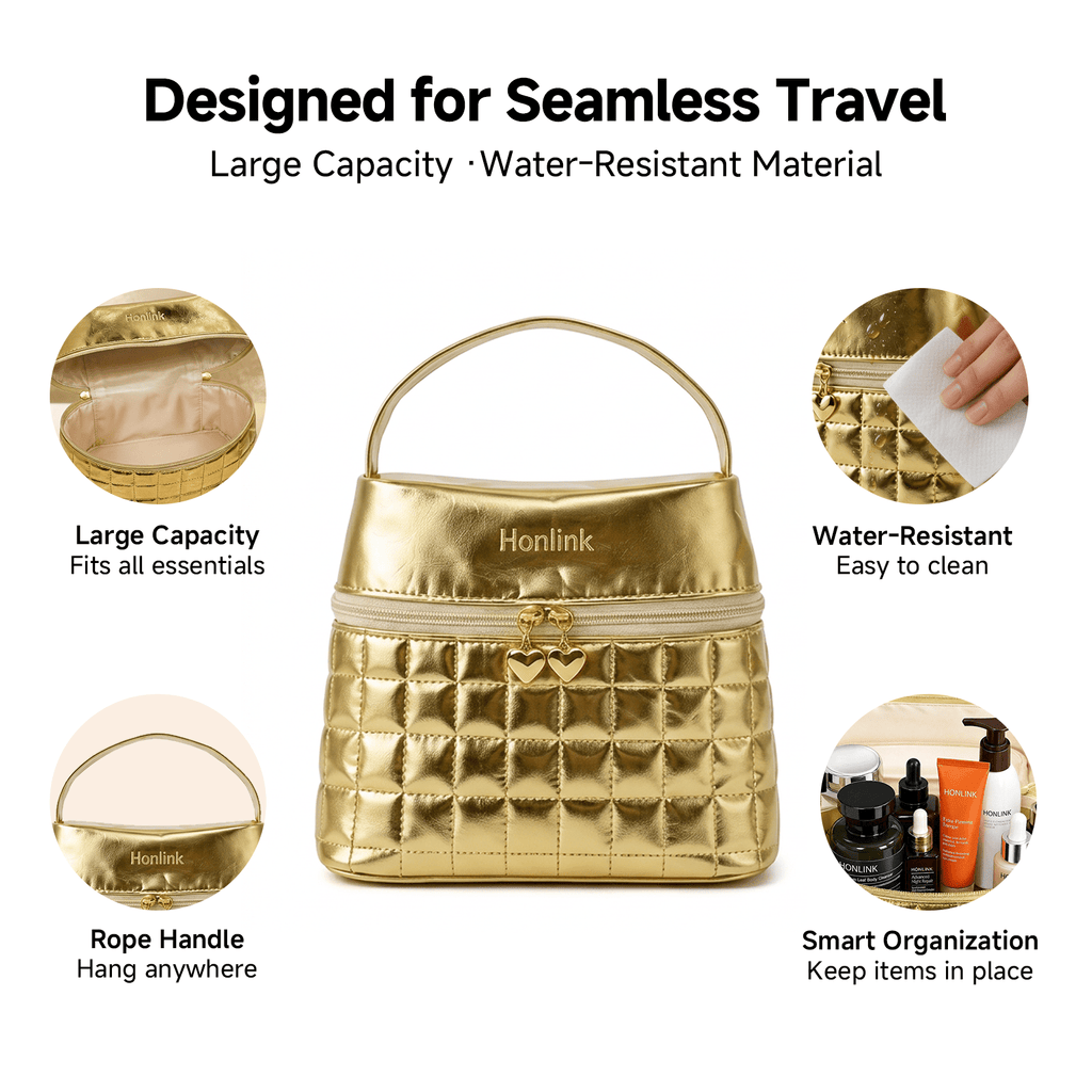 HONLINK Portable Travel Makeup Bag - Large Capacity Waterproof Aesthetic Cosmetic Bag, Open Storage Pouch for Women Toiletries and Skincare - HONLINK