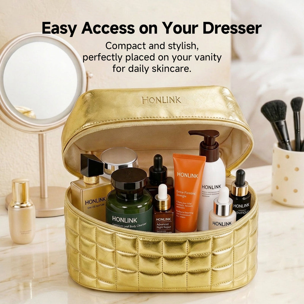 HONLINK Portable Travel Makeup Bag - Large Capacity Waterproof Aesthetic Cosmetic Bag, Open Storage Pouch for Women Toiletries and Skincare - HONLINK