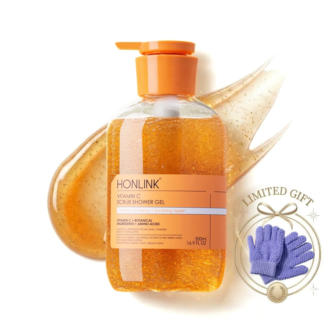 Vitamin C Scrub Body Wash - Multi - Amino Acids Base & Natural Walnut Shell Exfoliating Shower Gel, Polyquaternium - 51 Intense Hydration & Herbal Barrier Repair, 16.9oz - HONLINK