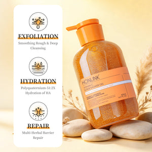 Vitamin C Scrub Body Wash - Multi - Amino Acids Base & Natural Walnut Shell Exfoliating Shower Gel, Polyquaternium - 51 Intense Hydration & Herbal Barrier Repair, 16.9oz - HONLINK