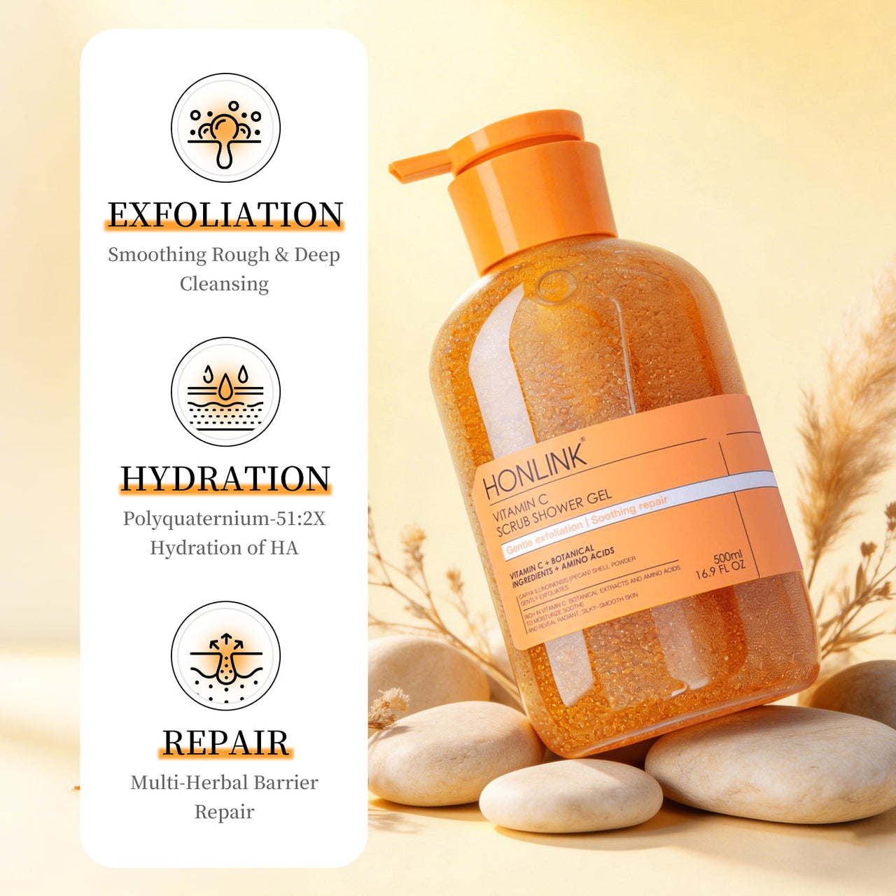 Vitamin C Scrub Body Wash - Multi - Amino Acids Base & Natural Walnut Shell Exfoliating Shower Gel, Polyquaternium - 51 Intense Hydration & Herbal Barrier Repair, 16.9oz - HONLINK